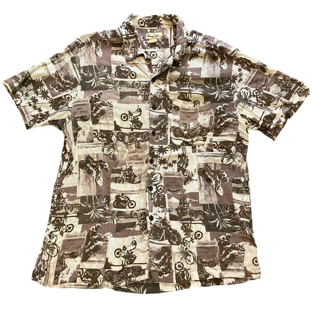 Panama Jack Shirt Mens Large Motorcycle Club Button Up Short Sleeve‎ AOP